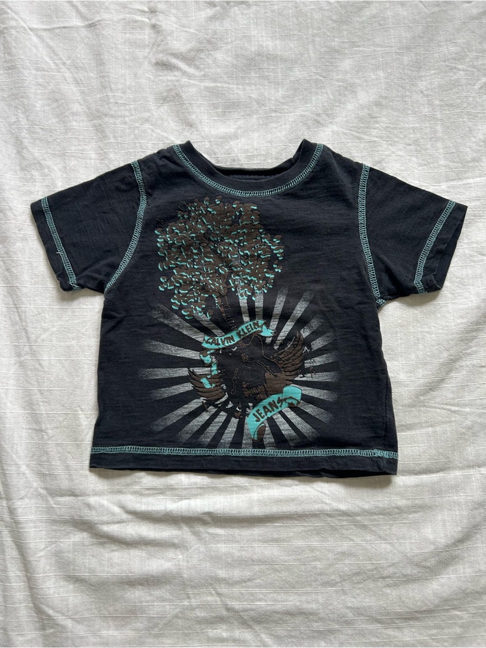 100% Cotton Calvin Klein Kids Black Graphic Tee with Teal Print